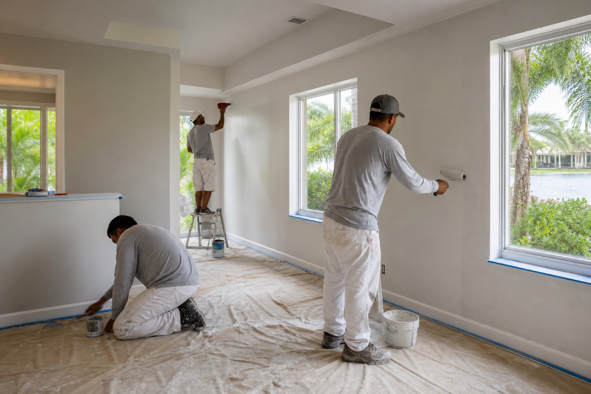 Danova Renovations crew carefully painting and protecting a South Florida home
